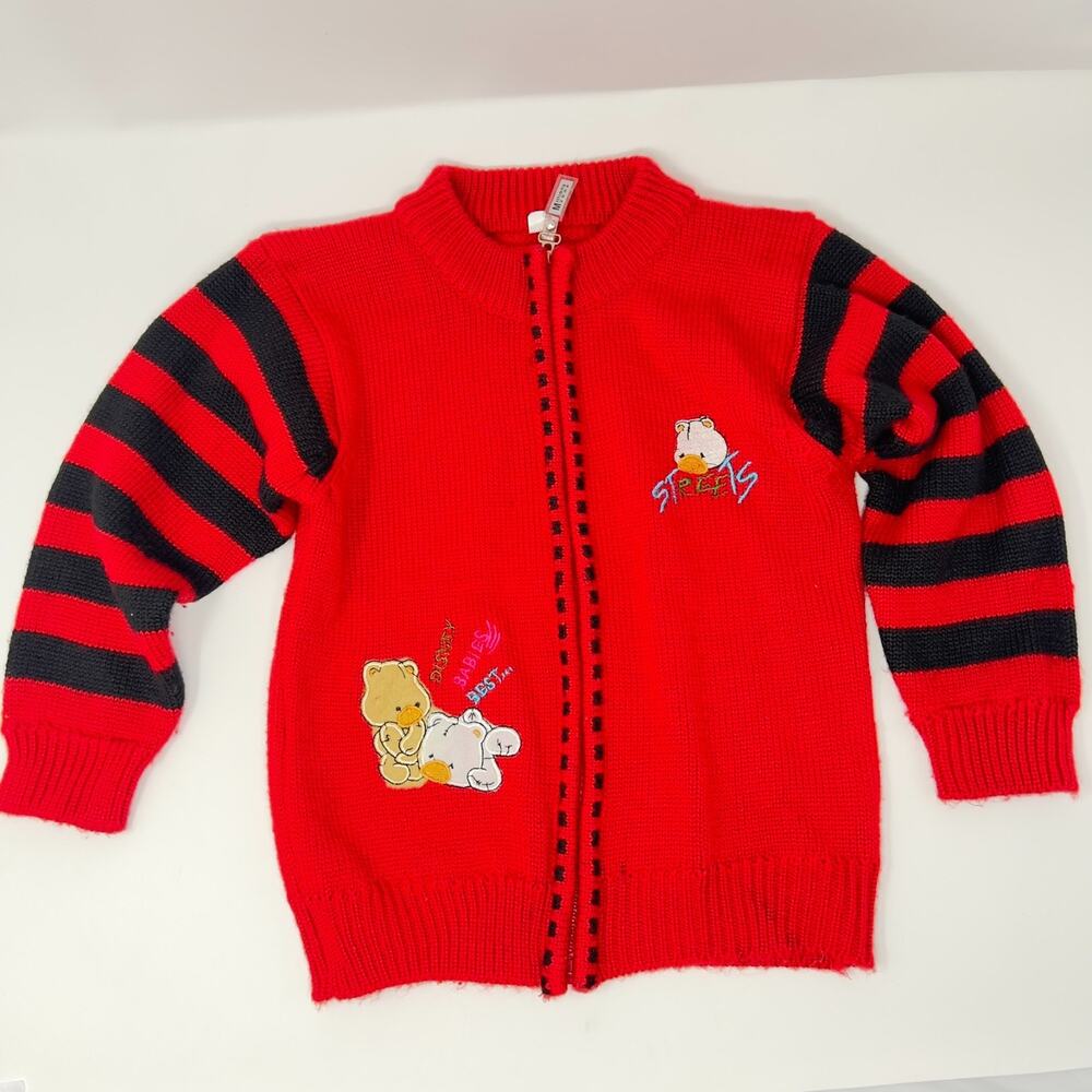 Vintage Y2K Guailun Kids Red Wool Blend Zip Sweater Teddy Bear 130 6-7Y